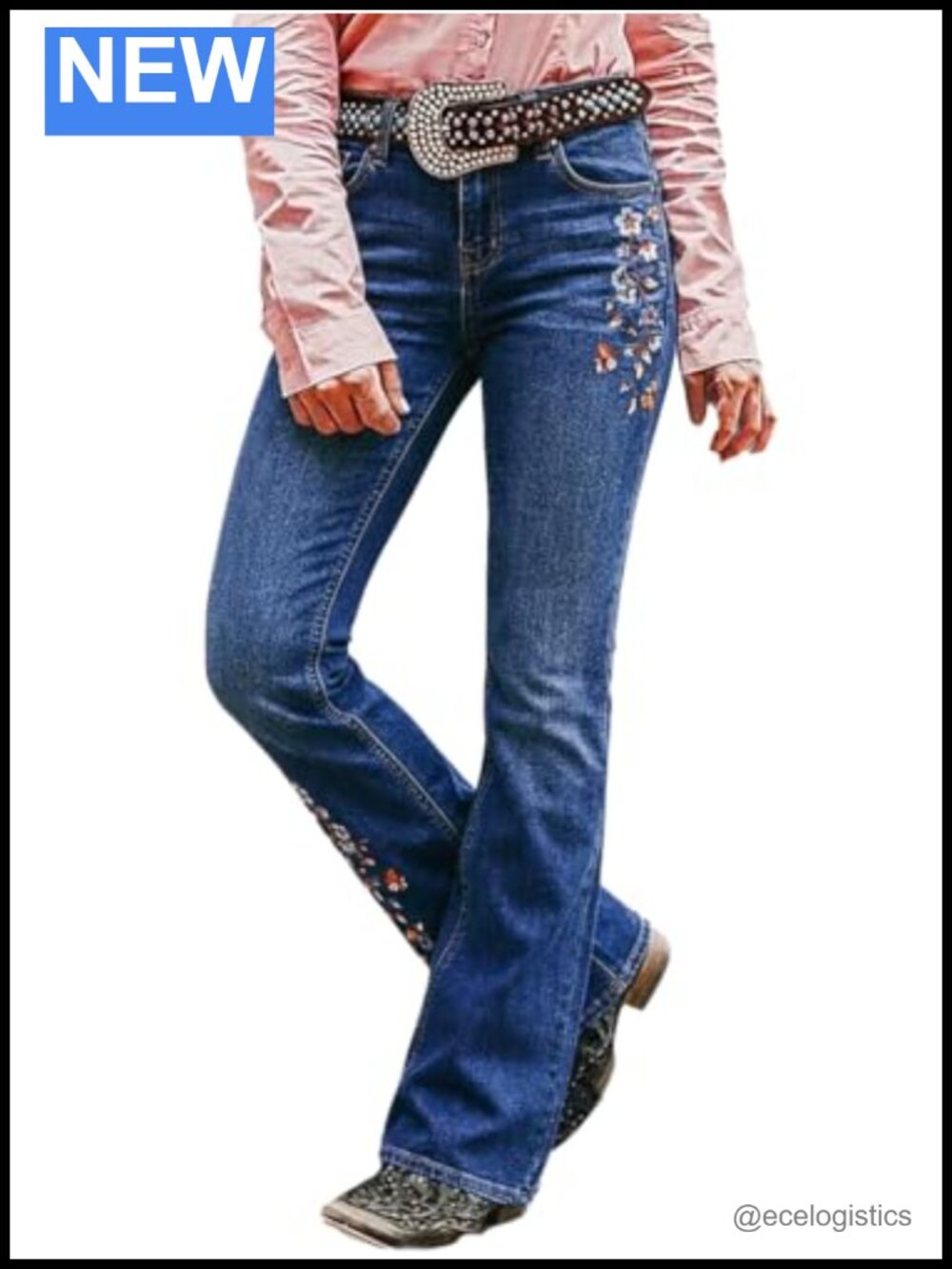 Floral Embroidery Mid Waist High Stretch Bootcut Jeans